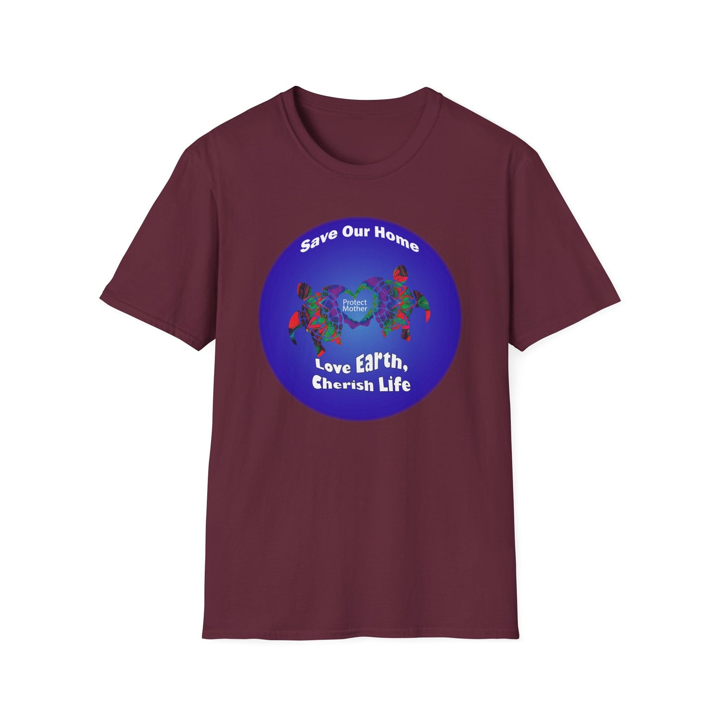 Maroon t-shirt with two turtles side by side with their joined fins forming a heart with an environmental message, "Save our home. Love earth, cherish life."