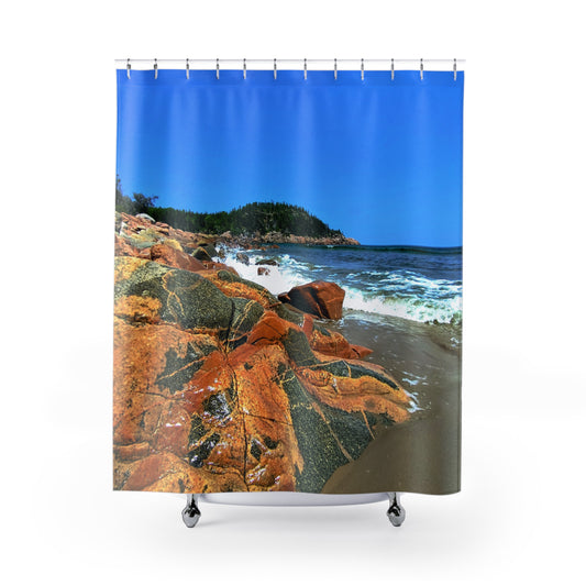 Beach’n Rocks – Coastal Shoreline Shower Curtain | Bold Ocean & Rocky Beach Bathroom Decor for Cottages, Cabins & Beach Homes