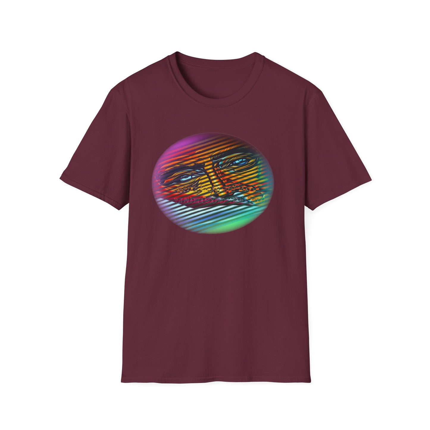 A maroon crew neck t-shirt with a colorful graphic art design on the front.