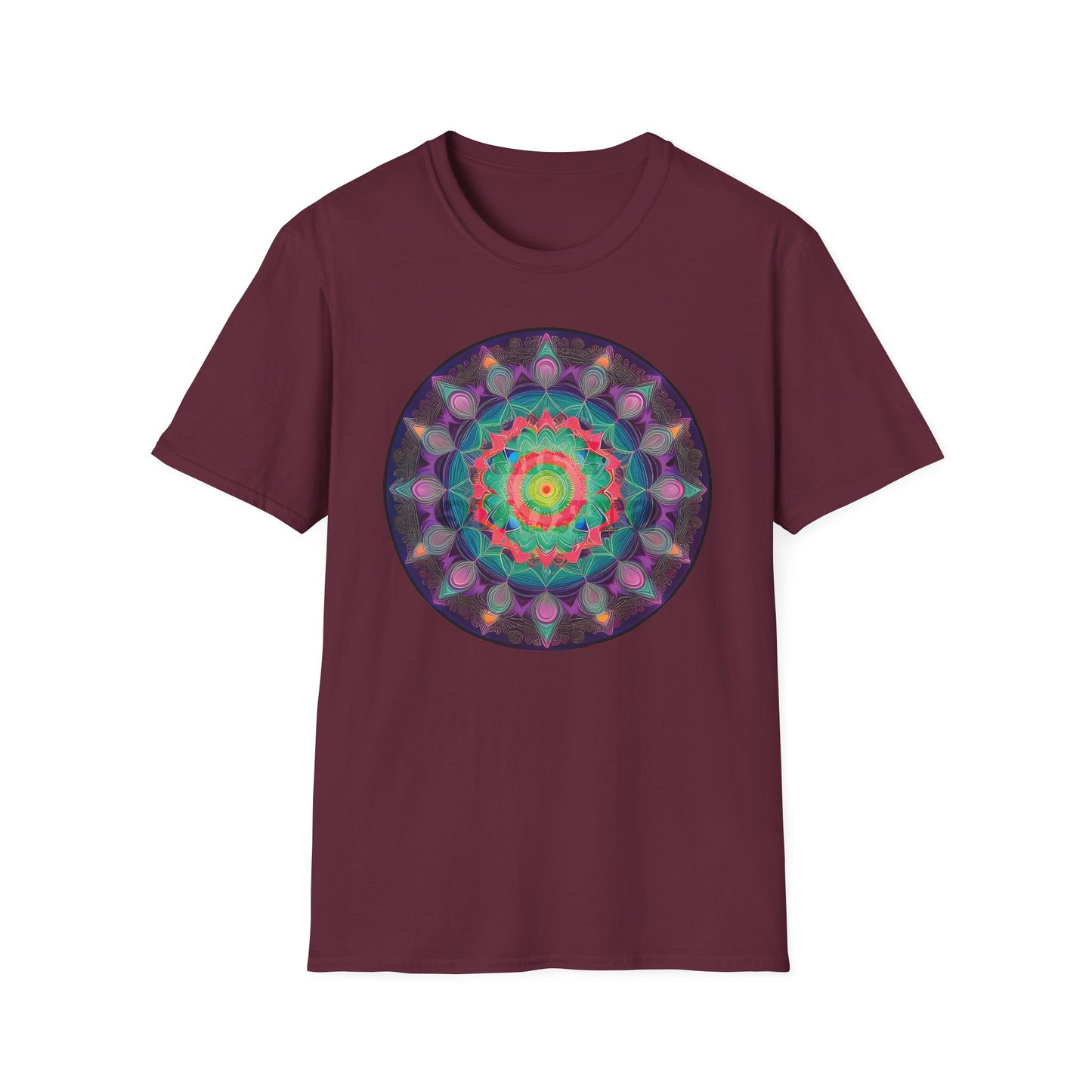 A maroon shirt with a colourful circular mandala.