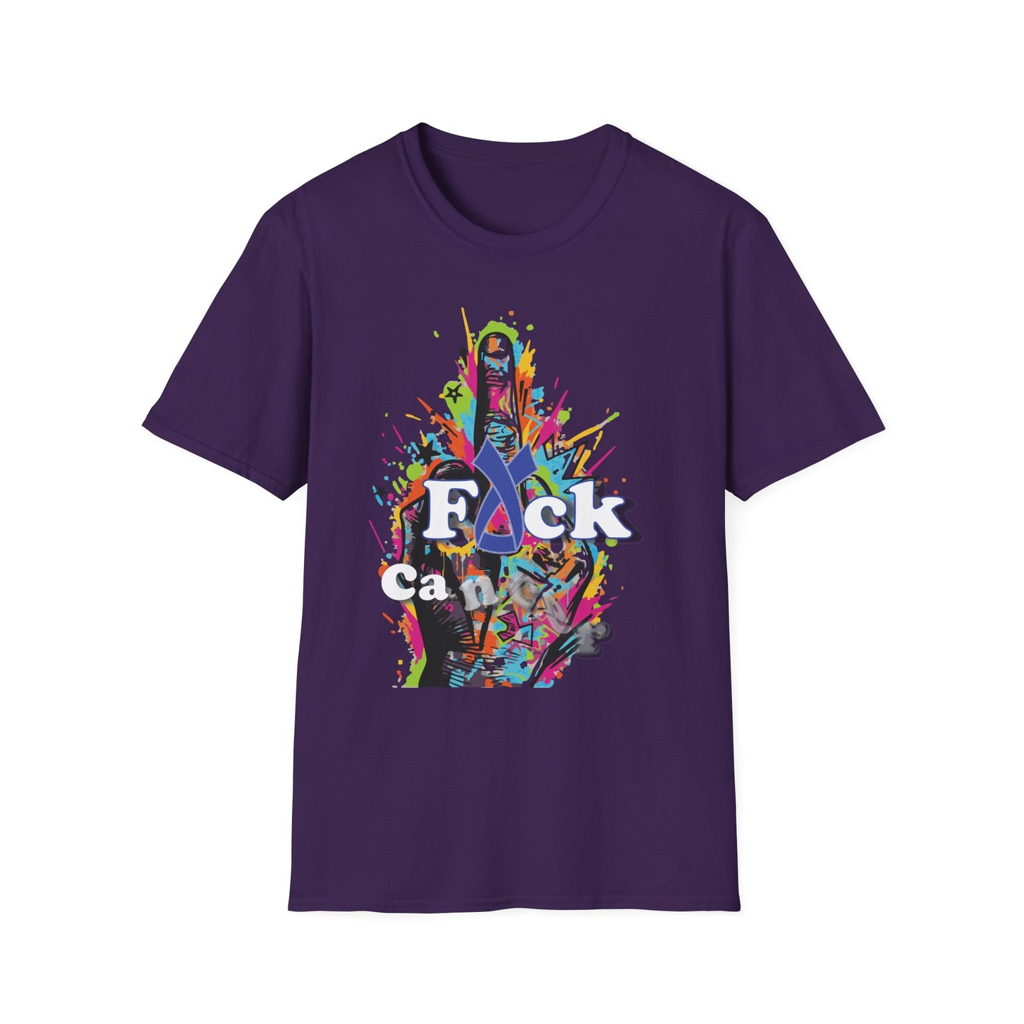 A purple T-shirt with colorful graphic design that reads, "F_ck Cancer" against the backdrop of a middle finger extended in grafitti style art.
