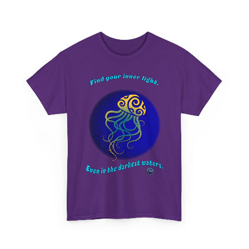 Purple t-shirt with a jellyfish design and motivational quote on a white background