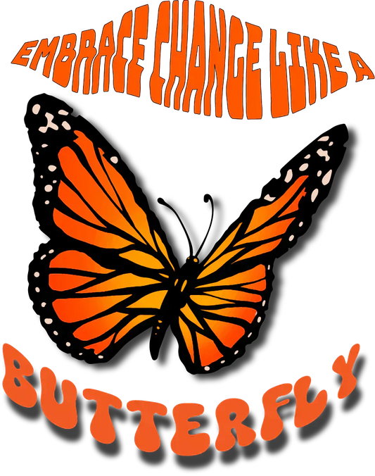 Inspirational butterfly graphic with 'Embrace Change Like a Butterfly' text, WaterDragon Apparel shirt design