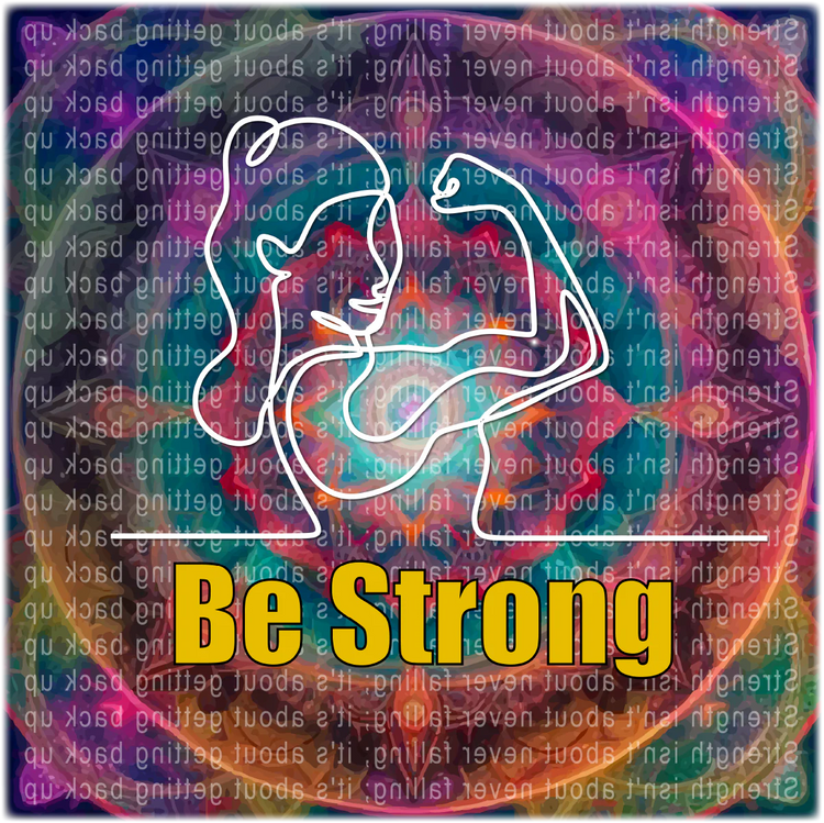 Inspirational Be Strong shirt design with flexing woman outline on vibrant WaterDragon Apparel background.