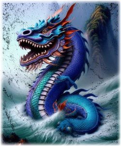 Vibrant blue water dragon with orange accents emerging from waves, WaterDragon Apparel graphic art.