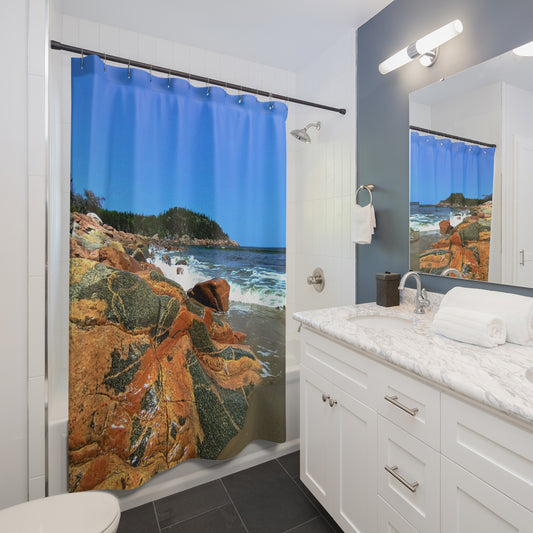 Beach’n Rocks – Coastal Shoreline Shower Curtain | Bold Ocean & Rocky Beach Bathroom Decor for Cottages, Cabins & Beach Homes