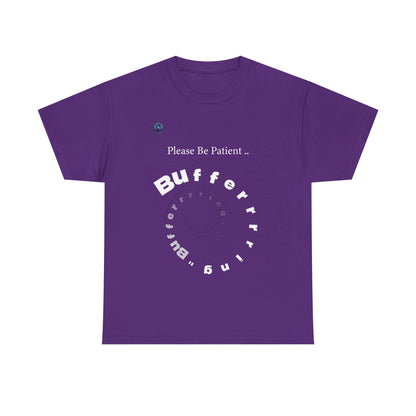 Purple t-shirt with 'Please Be Patient Bufferrr' text design on a white background