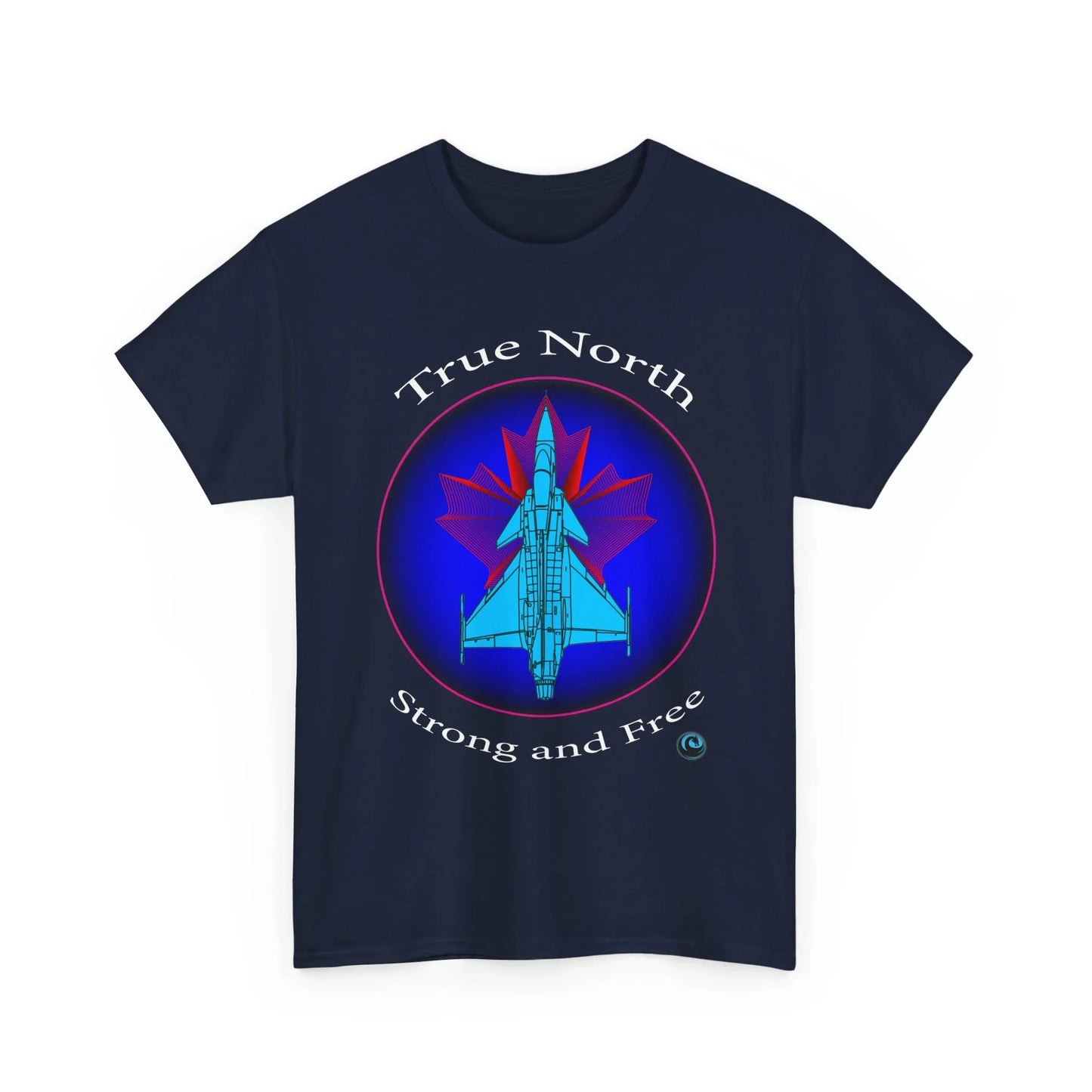 Blue Gripen jet t‘shirt with True North Strong and Free aviation design.