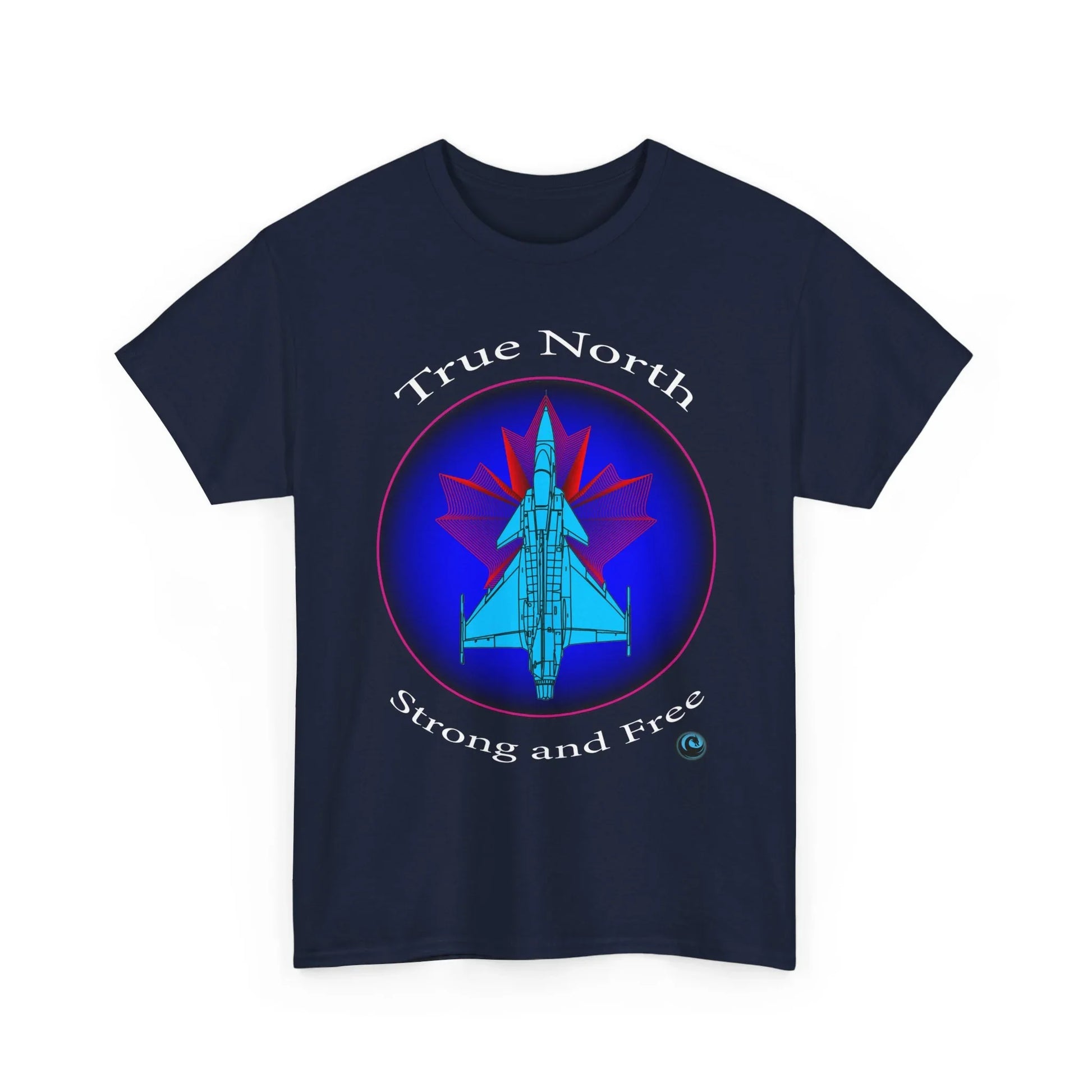 Blue Gripen jet t‘shirt with True North Strong and Free aviation design.