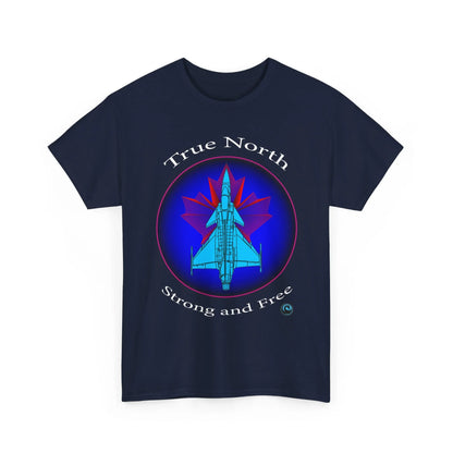 Blue Gripen jet t‘shirt with True North Strong and Free aviation design.