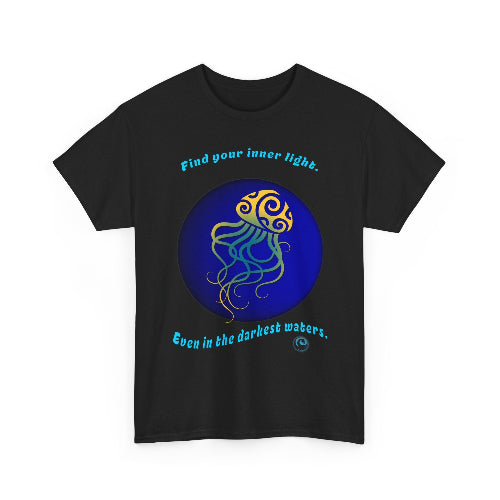 Black t-shirt with a jellyfish design and motivational text on a white background