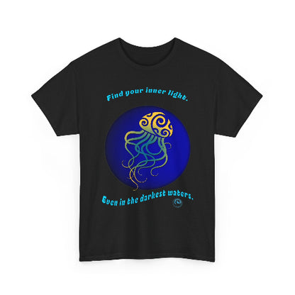 Black t-shirt with a jellyfish design and motivational text on a white background