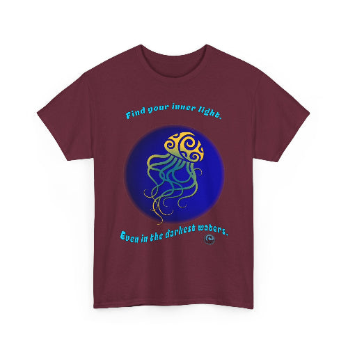 Maroon t-shirt with a jellyfish design and motivational text on a white background