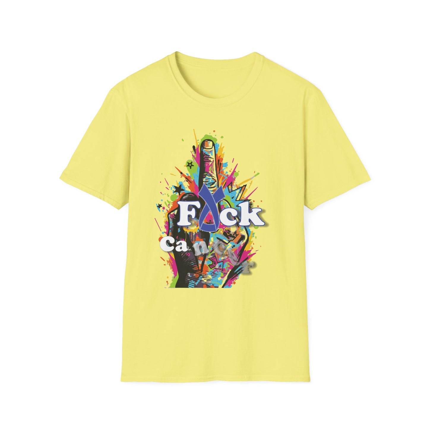 Yellow t-shirt with colorful graffiti-style middle finger graphic and bold text message