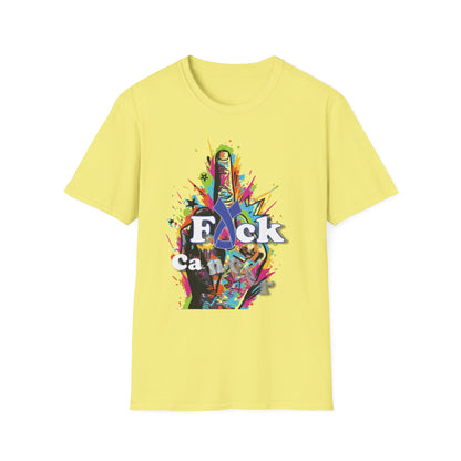 Yellow t-shirt with colorful graffiti-style middle finger graphic and bold text message