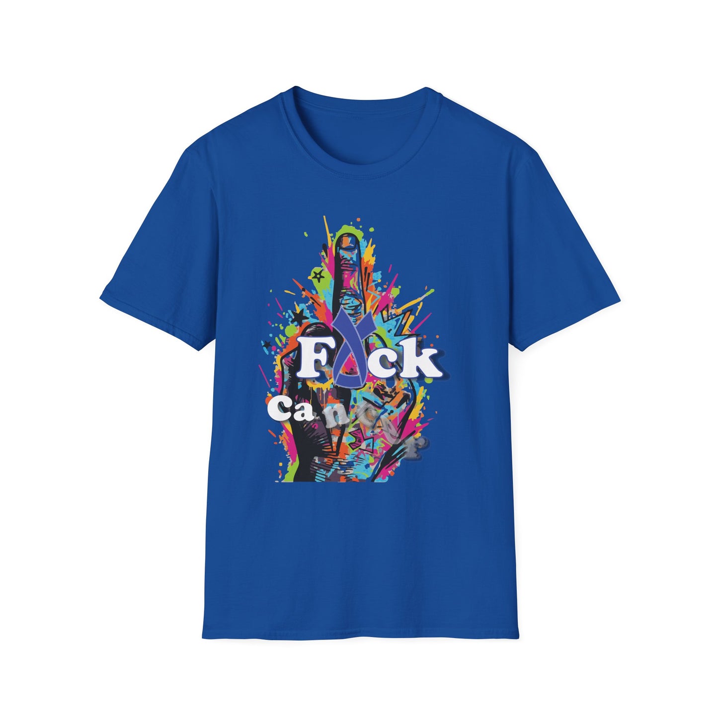 Blue t-shirt with colorful graffiti middle finger and 'Fuck Cancer' text design