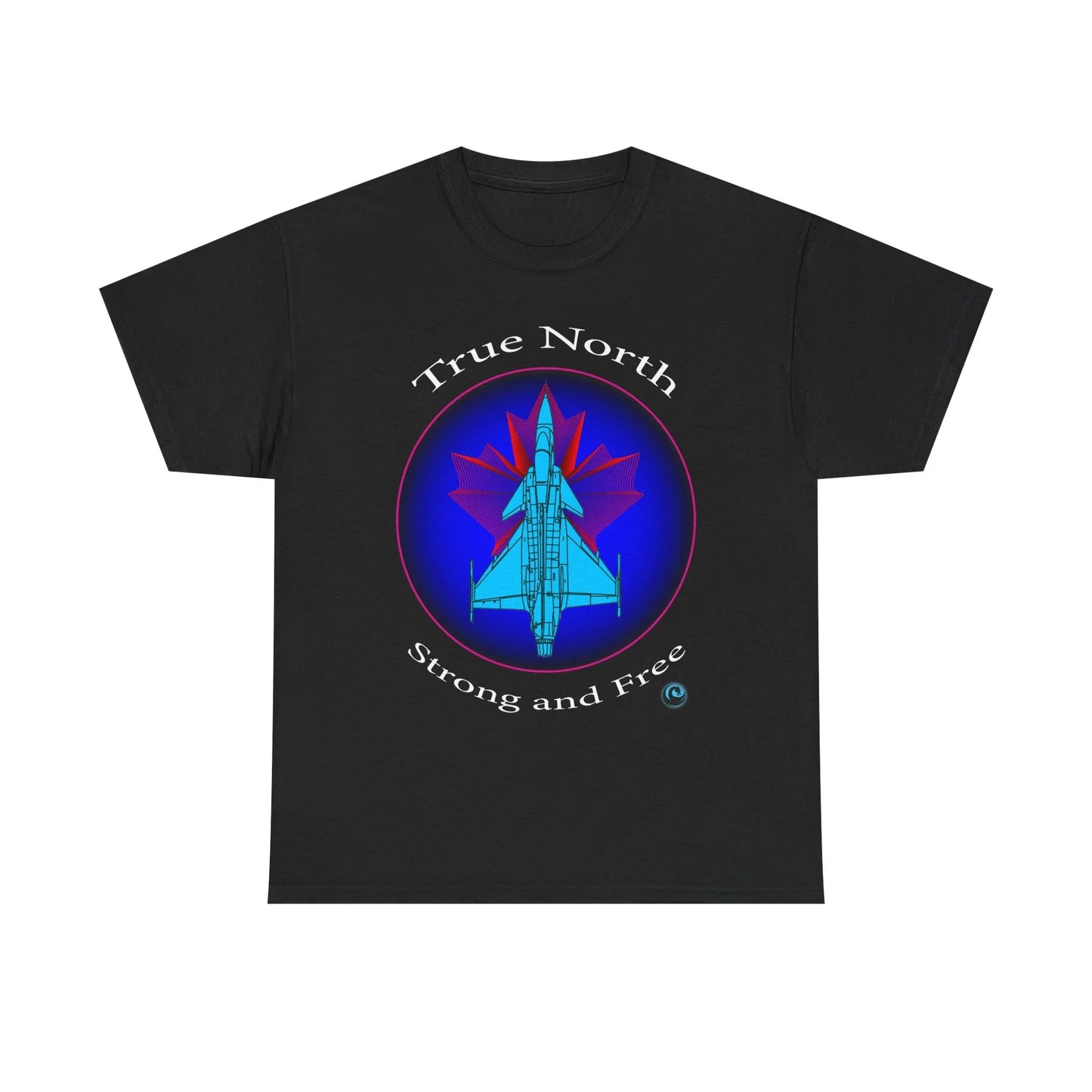 Black Gripen jet t‘shirt with True North Strong and Free aviation design.