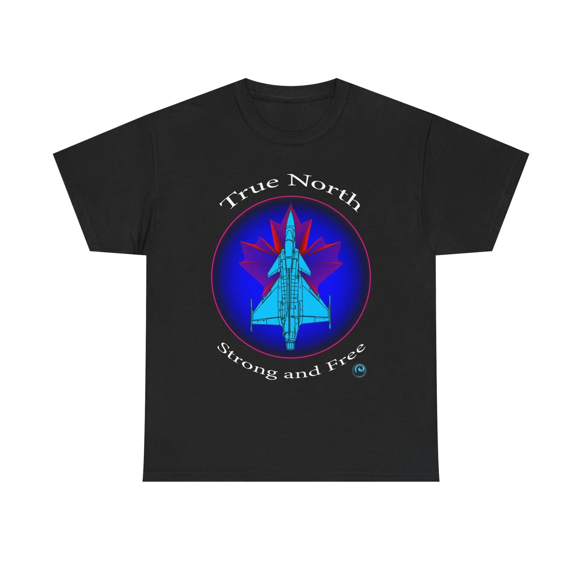 Black Gripen jet t‘shirt with True North Strong and Free aviation design.