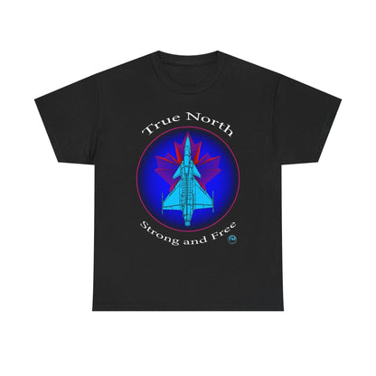 Black Gripen jet t‘shirt with True North Strong and Free aviation design.