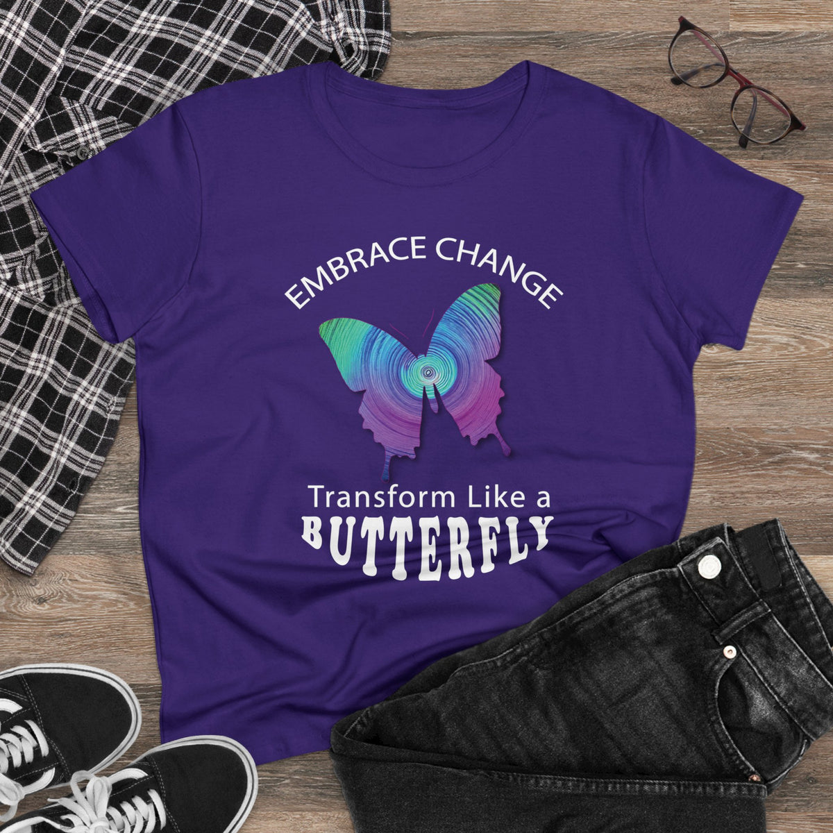 Women's Wellness T-shirt- Embrace Change - Transform Like a Butterfly  - Women's Midweight Cotton Tee - WaterDragon Apparel