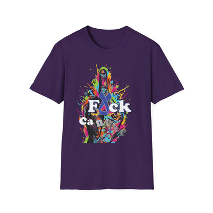Purple t-shirt with colorful graffiti-style middle finger hand graphic and bold text saying 'F*ck Cancer'