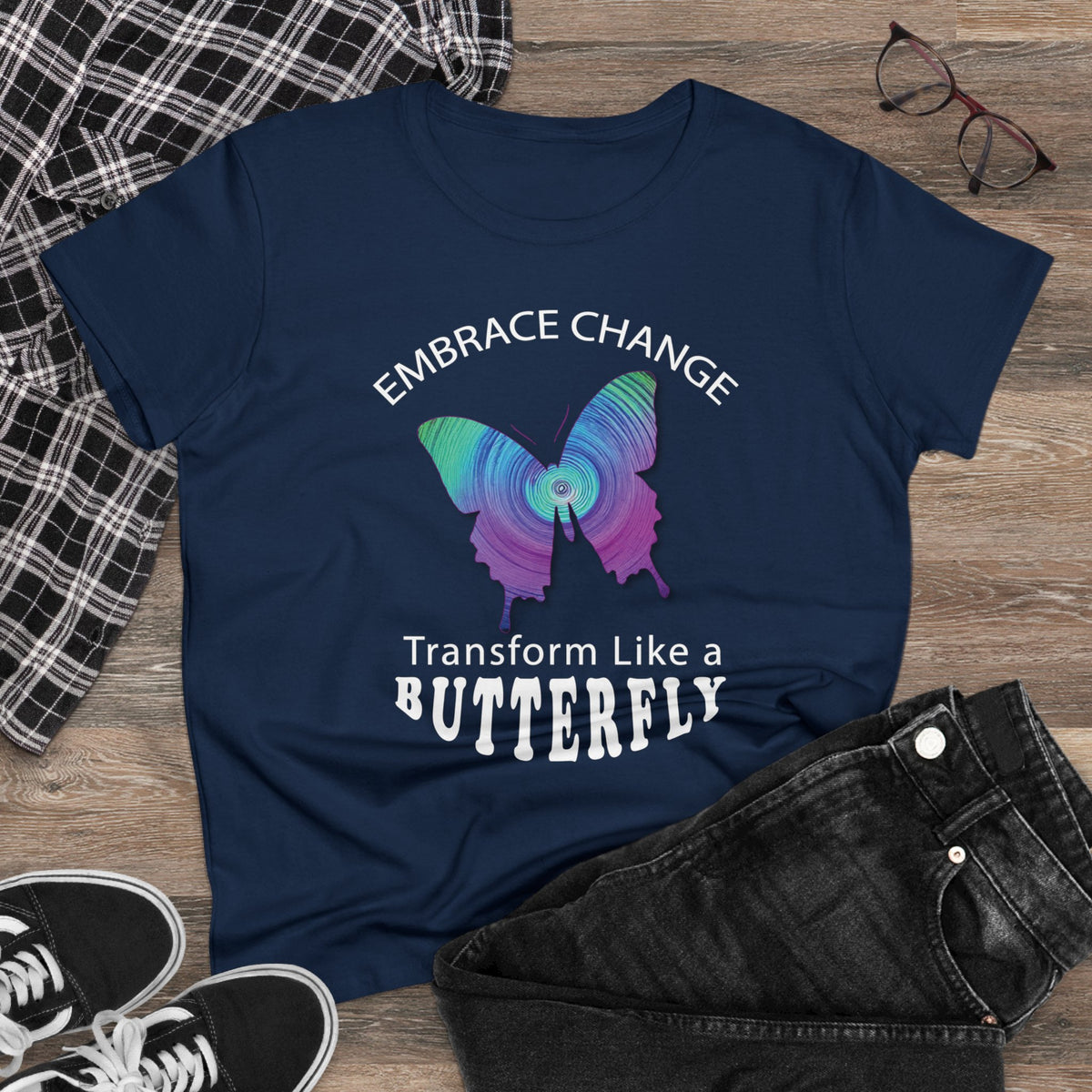 Women's Wellness T-shirt- Embrace Change - Transform Like a Butterfly  - Women's Midweight Cotton Tee - WaterDragon Apparel