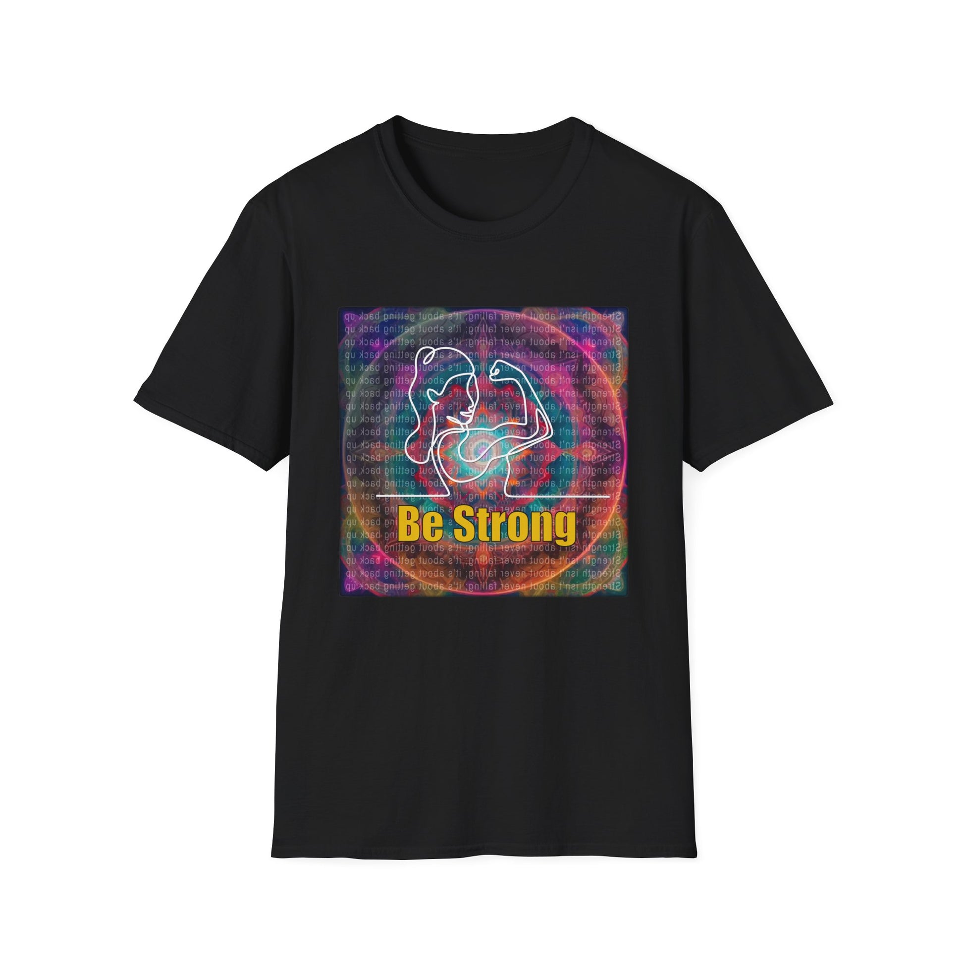 A woman smiling, wearing a purple t-shirt with the text 'BE STRONG' and a geometric pattern in a vibrant color palette.