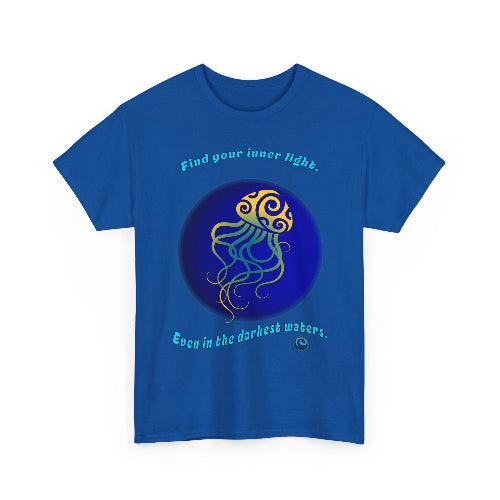 Blue t-shirt with jellyfish design and motivational text on a white background