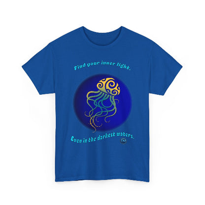 Blue t-shirt with jellyfish design and motivational text on a white background