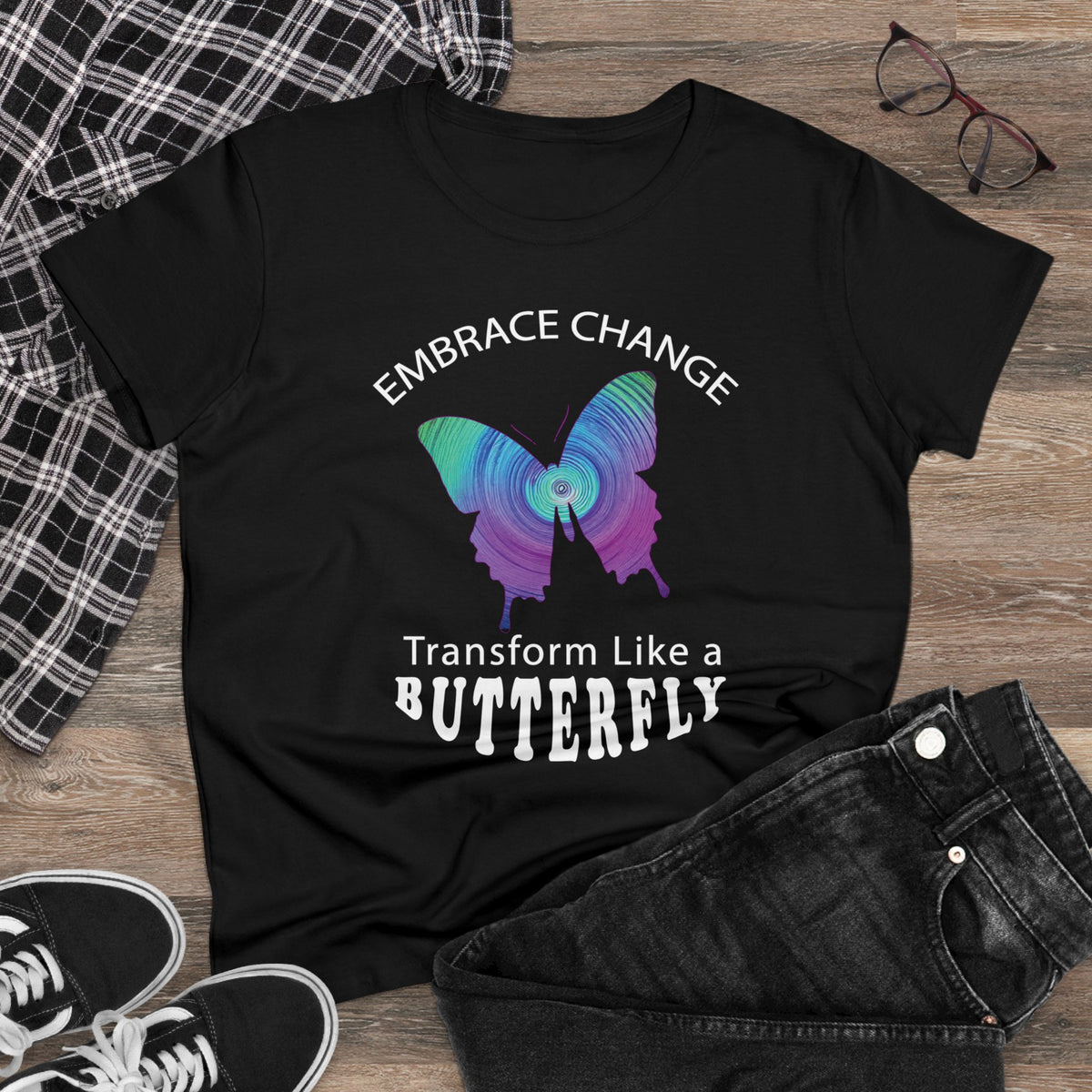 Women's Wellness T-shirt- Embrace Change - Transform Like a Butterfly  - Women's Midweight Cotton Tee - WaterDragon Apparel