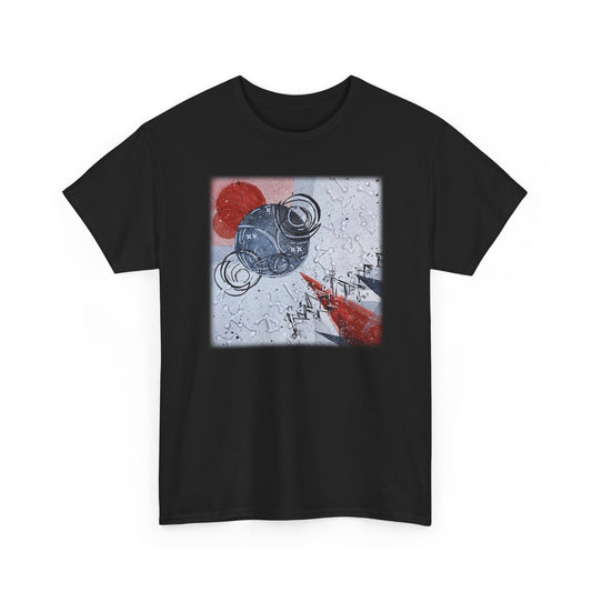Abstract Space Art T-Shirt — Red & Blue Planetary Design