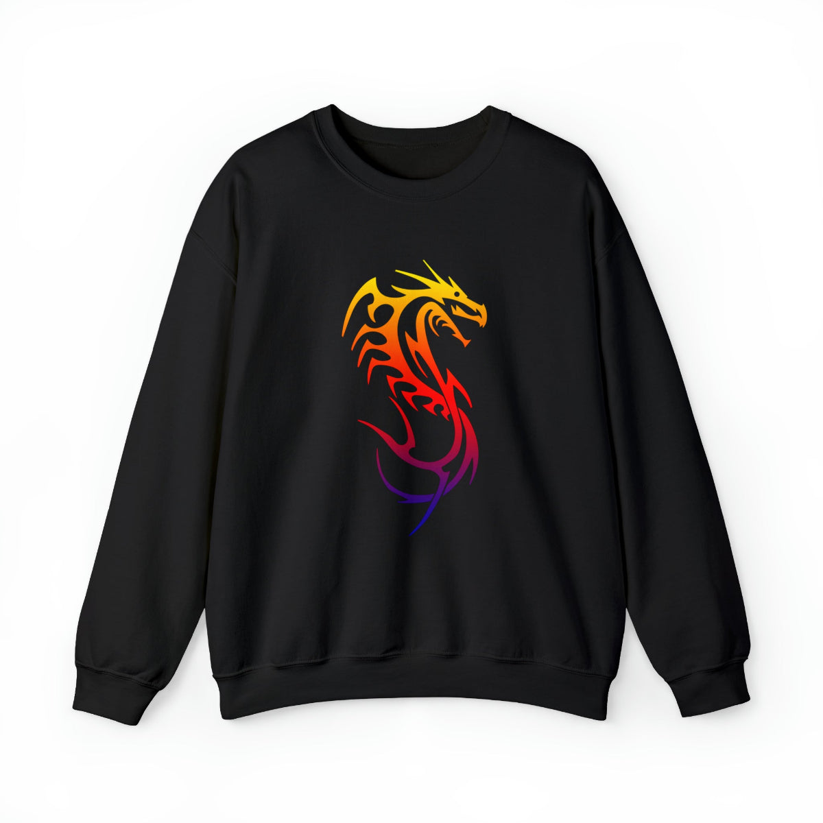 Black sweatshirt with a colorful dragon design on a white background