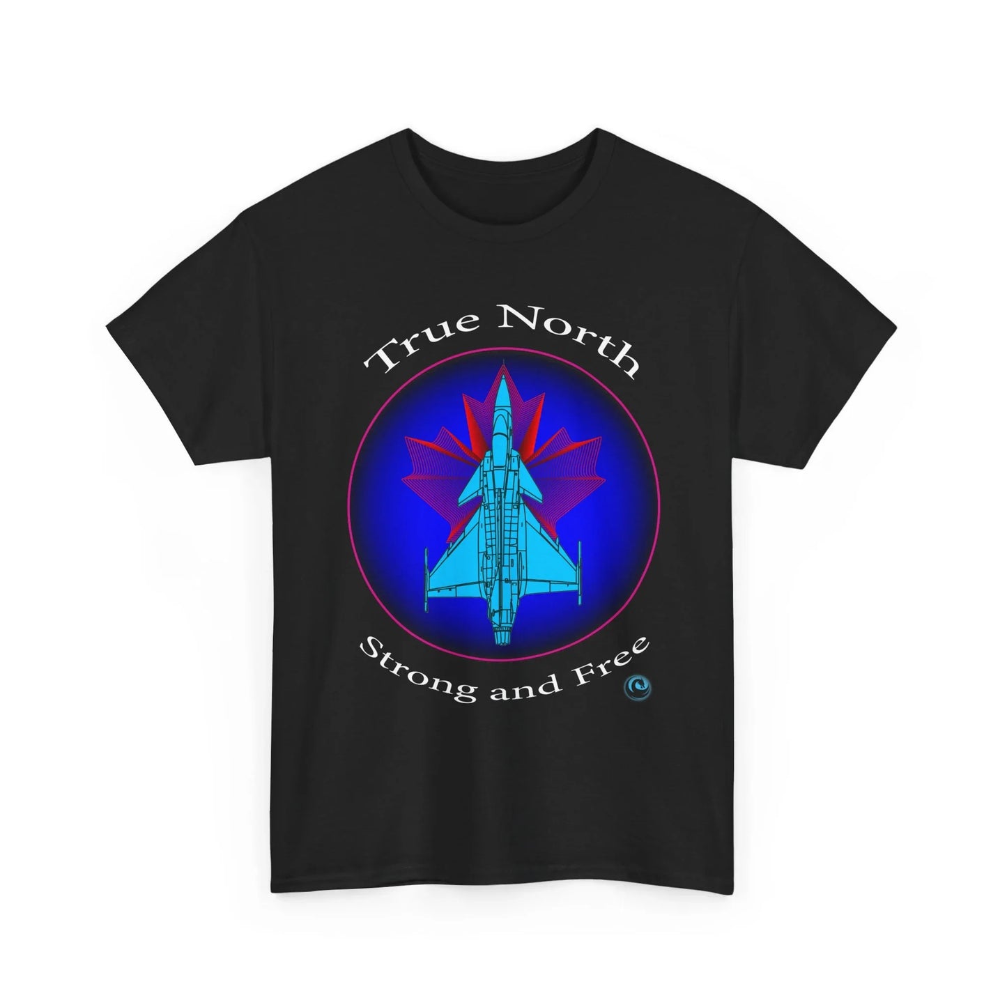 Black Gripen jet t‘shirt with True North Strong and Free aviation design.
