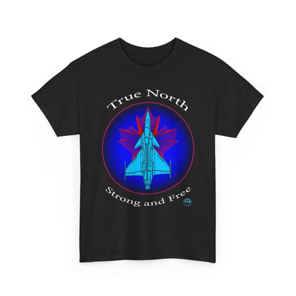 Black Gripen jet t‘shirt with True North Strong and Free aviation design.