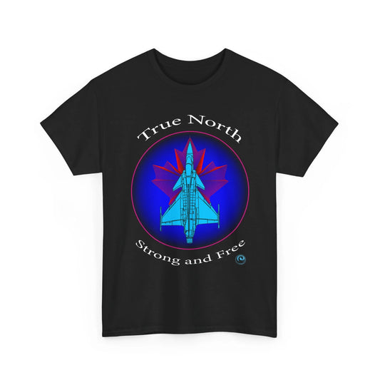 Black Gripen jet t‘shirt with True North Strong and Free aviation design.