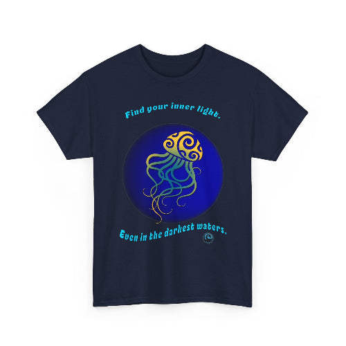 Navy blue t-shirt with a jellyfish graphic and motivational text on a white background