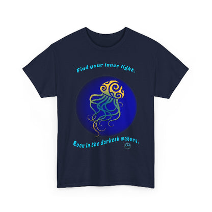 Navy blue t-shirt with a jellyfish graphic and motivational text on a white background
