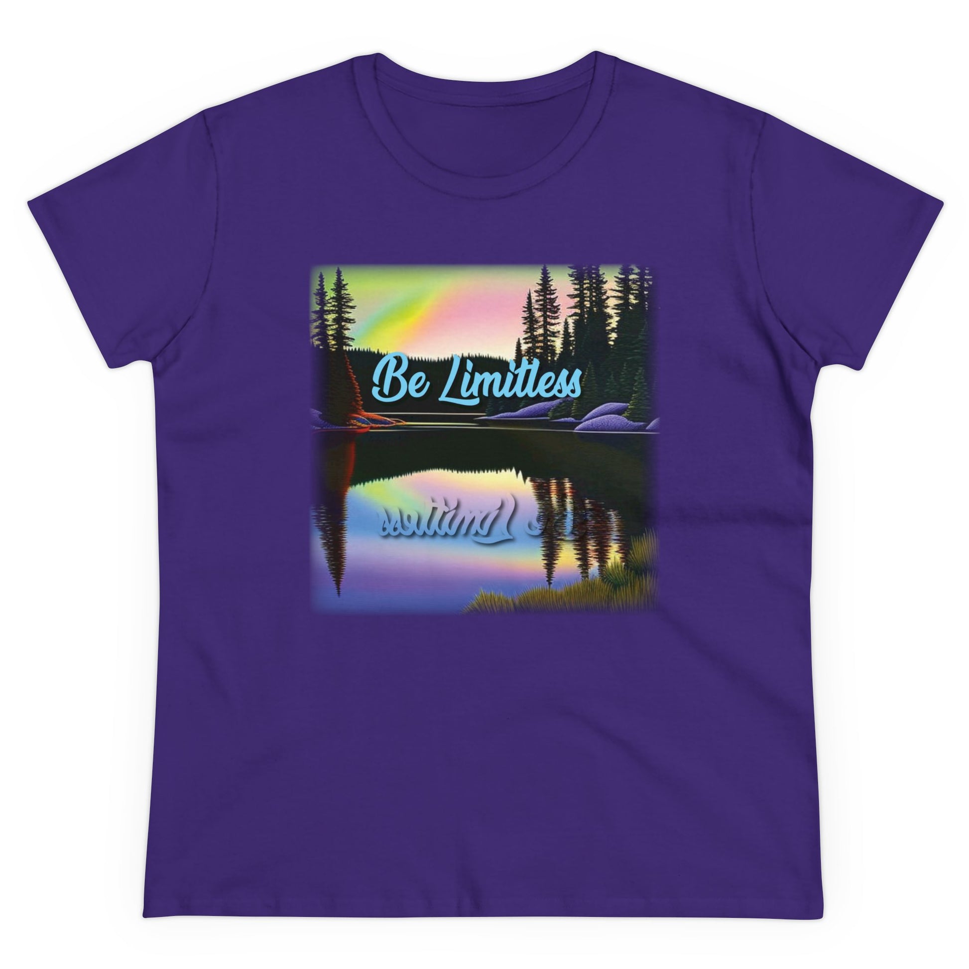 A purple shirt that has a painted picture of a peaceful lake with the text, "Be Limitless".