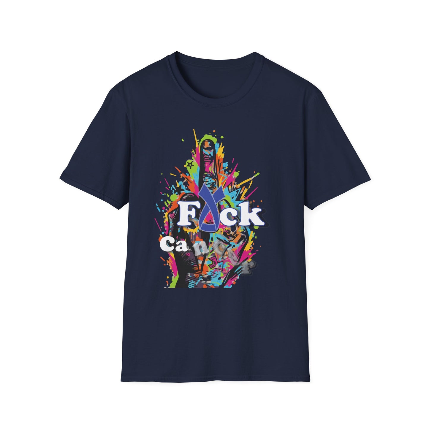 Navy t-shirt with colorful graffiti middle finger design and cancer awareness ribbon graphic