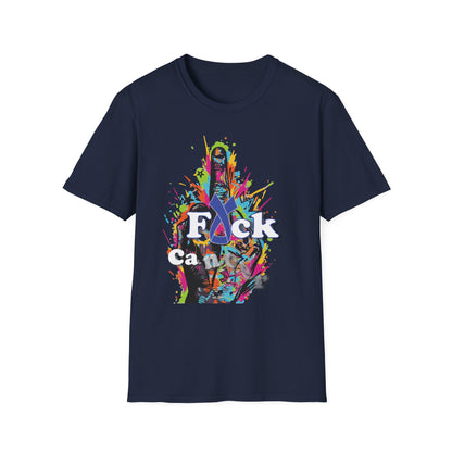 Navy t-shirt with colorful graffiti middle finger design and cancer awareness ribbon graphic