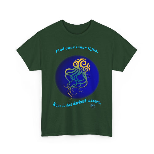 Green t-shirt with a jellyfish design and motivational text on a white background