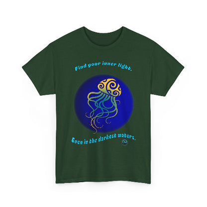 Green t-shirt with a jellyfish design and motivational text on a white background