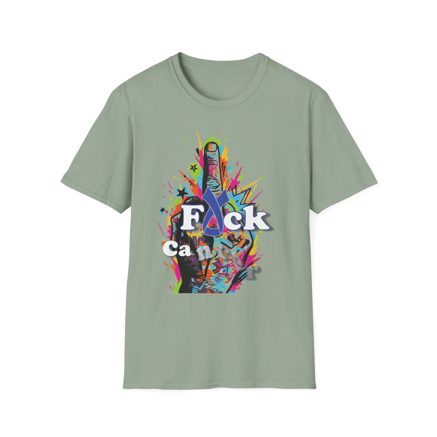 Light green t-shirt with colorful graffiti-style middle finger graphic and bold anti-cancer message
