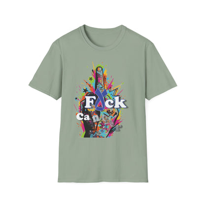 Light green t-shirt with colorful graffiti-style middle finger graphic and bold anti-cancer message