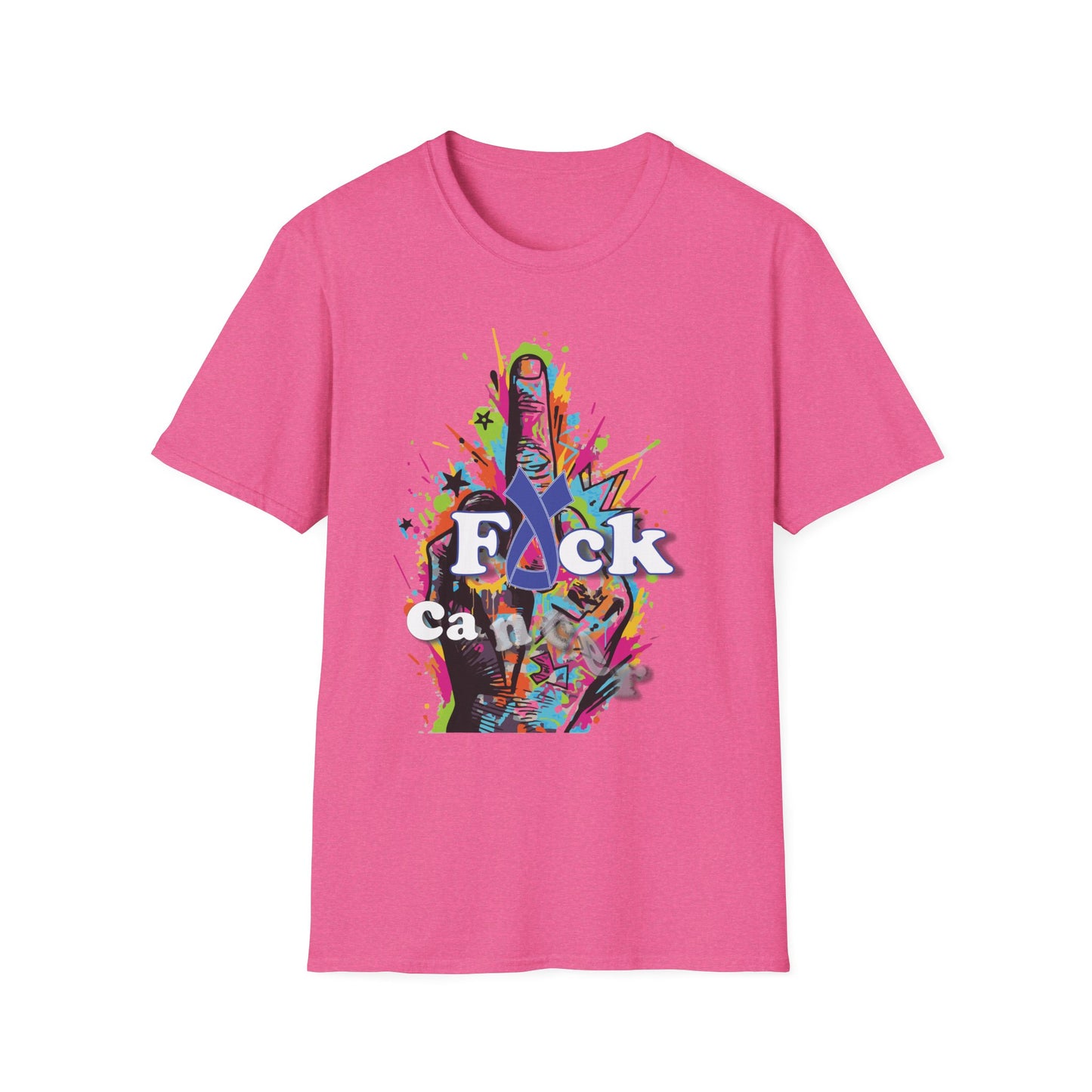 Pink t-shirt with colorful graffiti-style middle finger and bold text design