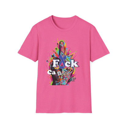 Pink t-shirt with colorful graffiti-style middle finger and bold text design