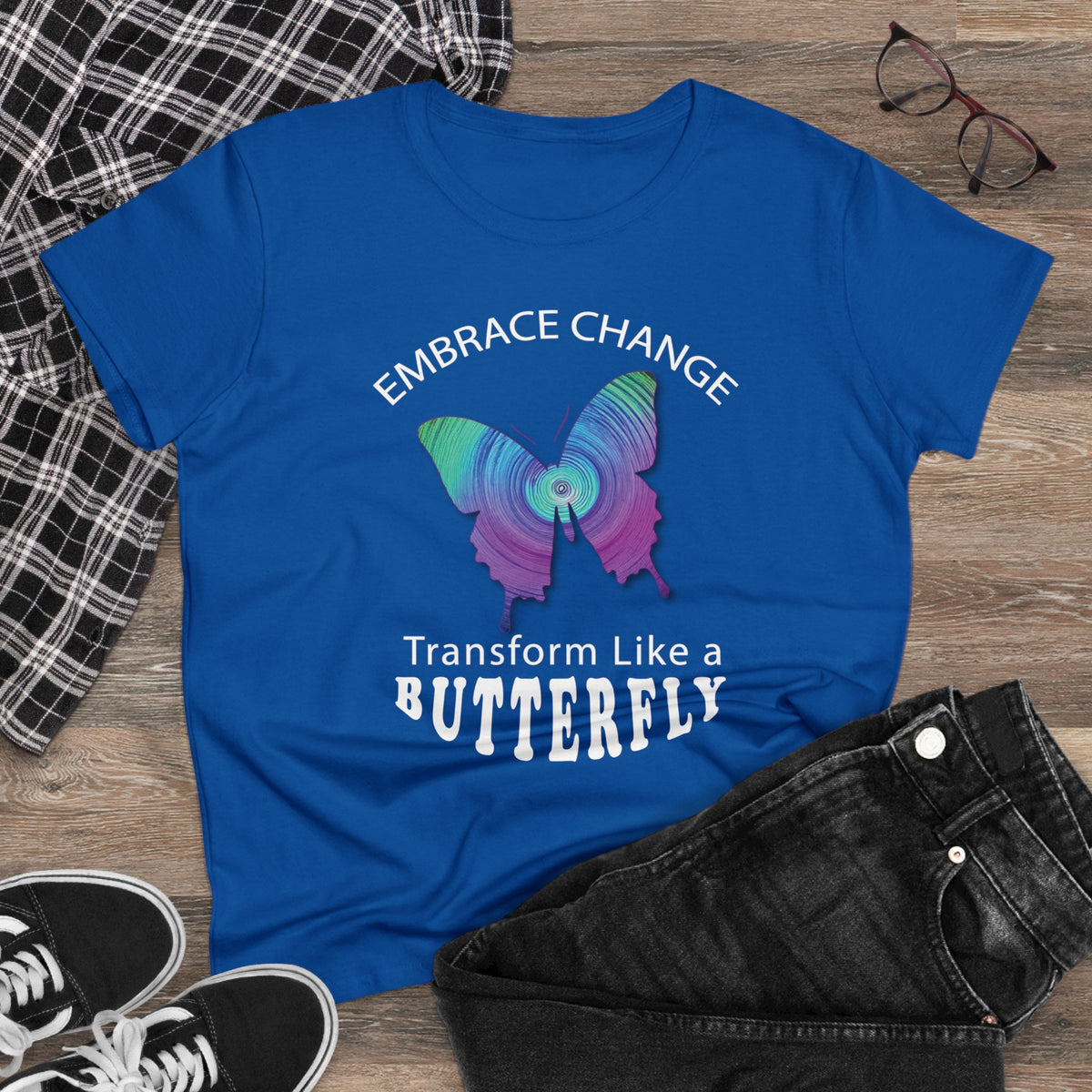 Women's Wellness T-shirt- Embrace Change - Transform Like a Butterfly  - Women's Midweight Cotton Tee - WaterDragon Apparel