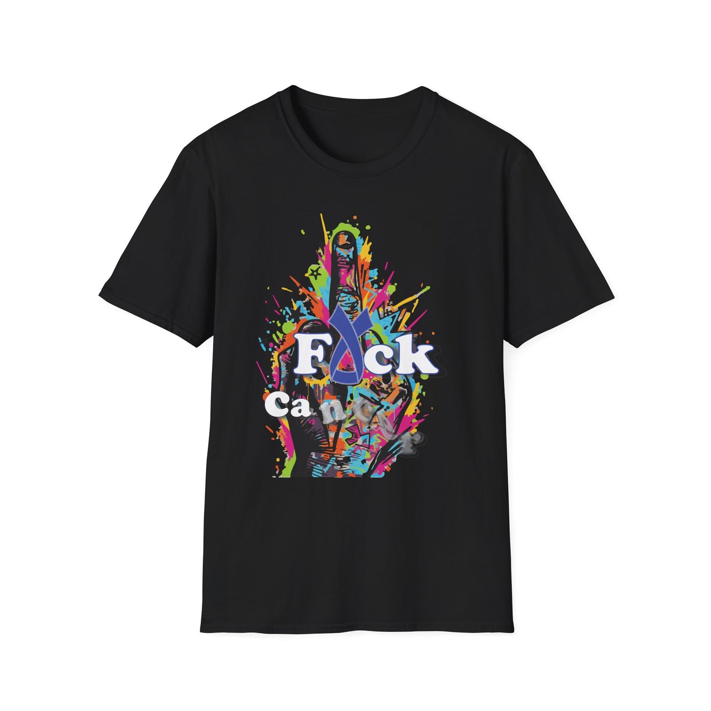 Black t-shirt with colorful graffiti-style hand showing middle finger and cancer awareness ribbon design
