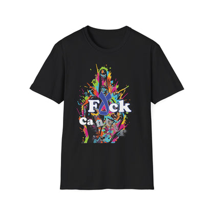 Black t-shirt with colorful graffiti-style hand showing middle finger and cancer awareness ribbon design