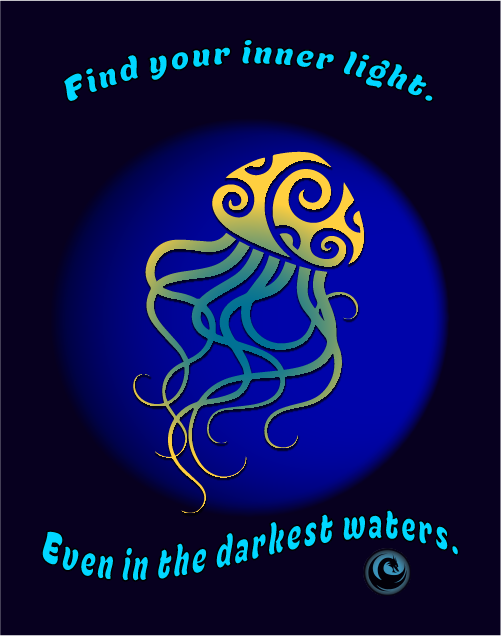 Decorative jellyfish illustration with motivational text on a dark blue background